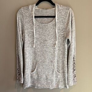 Chance or Fate Heathered Heather Gray Hooded Pullover with Lace Sleeve Insets